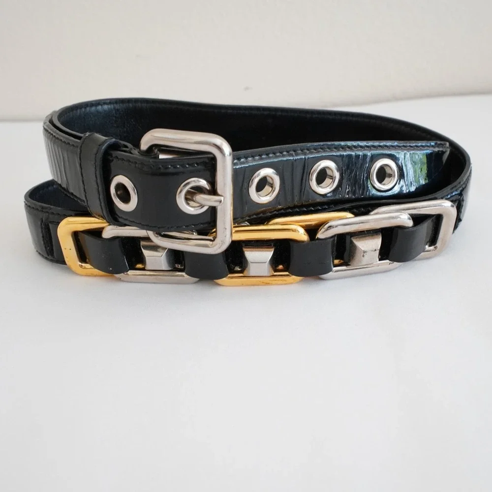 Miu Miu Patent Leather Chain Link Belt Womens S Black Statement Designer Thin